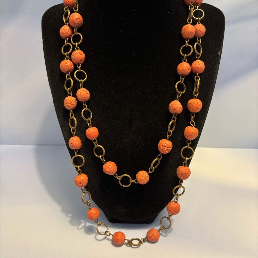 Jan Michaels San Francisco Brass Coral Colored Stone Necklace 44”